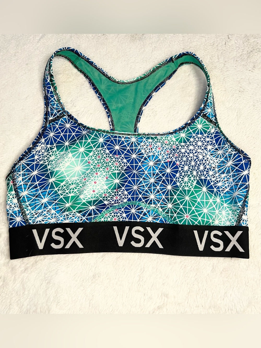 Victoria’s Secret VSX Blue & Green Geometric Racerback Sports Bra Size Large
